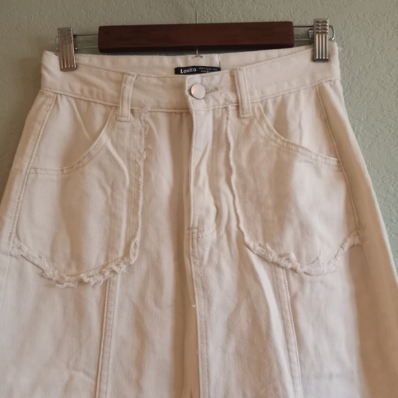 Lovito Off White Denim Mermaid Fairycore Casual Flared Whimsigoth Midi Skirt - Picture 6 of 8